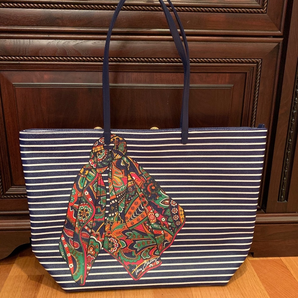 Vera Bradley Navy and White Striped Tote with Vibrant Scarf Accent